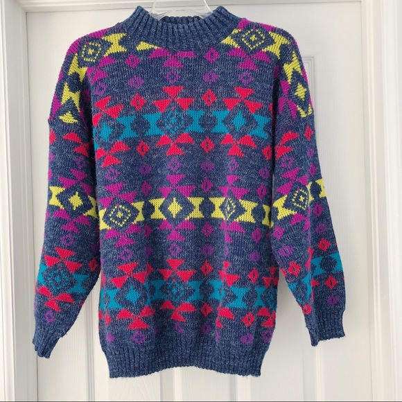 Vintage Sweaters - Aztec Print Vintage Mock Neck Sweater Size Large